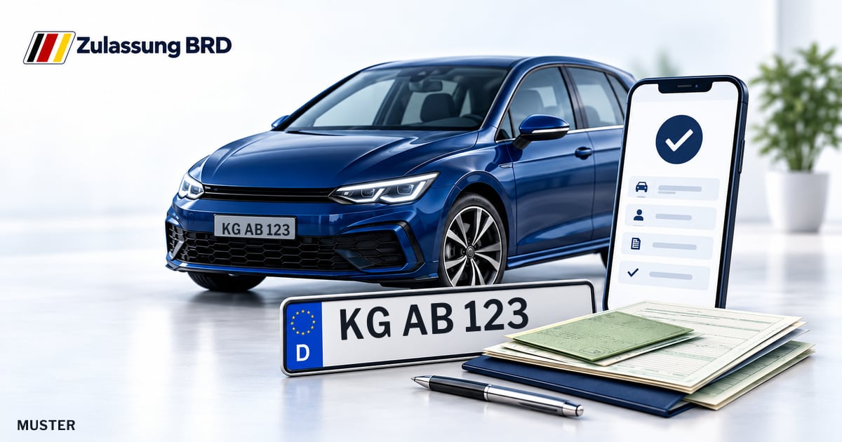 Online Fahrzeugzulassung in Hammelburg: Musterkennzeichen KG AB 123, Auto und Fahrzeugpapiere und Smartphone. Illustration mit Logo von Zulassung BRD.